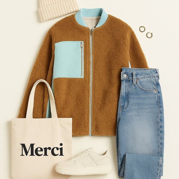 Free People Jackets & Blazers - FREE PEOPLE We The Free Brown Sherpa Jacket with Aqua Trim - Size M